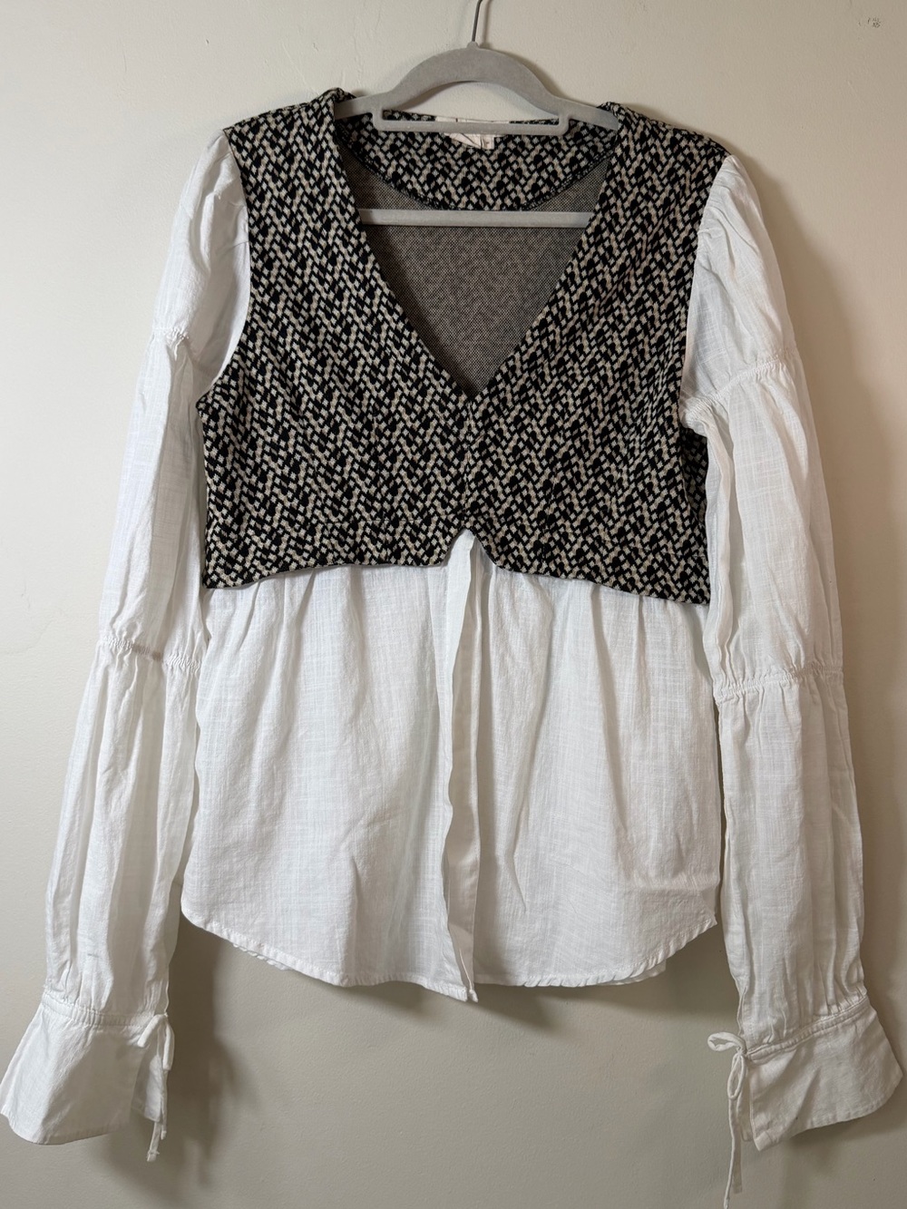 Anthropologie White Blouse with Black Tweed Vest Overlay